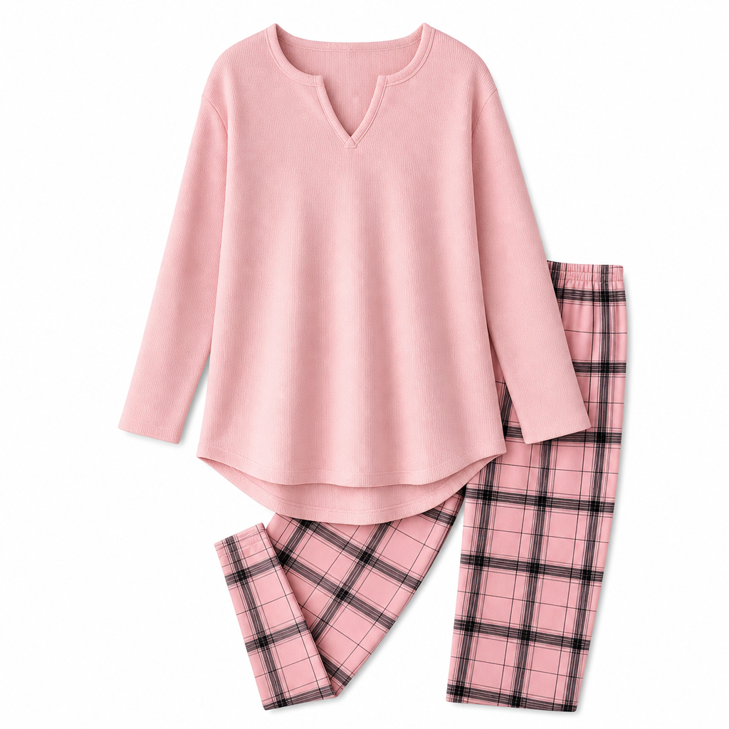 Set med stickad topp och rutiga leggings för kvinnor-7