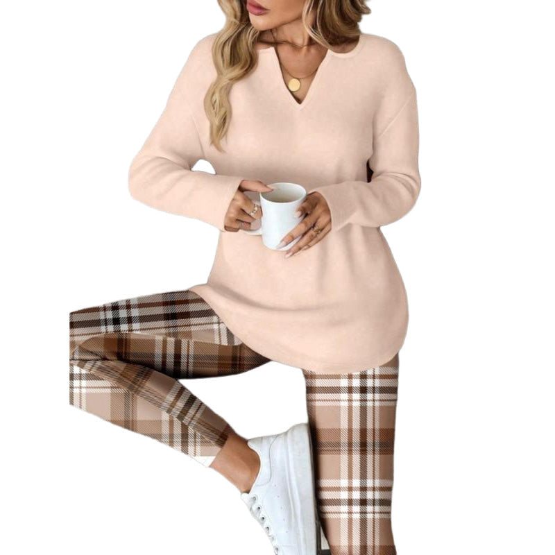 Set med stickad topp och rutiga leggings för kvinnor-8