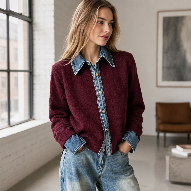 Damstickad tröja i falsk 2-delad design med denimgrage-6