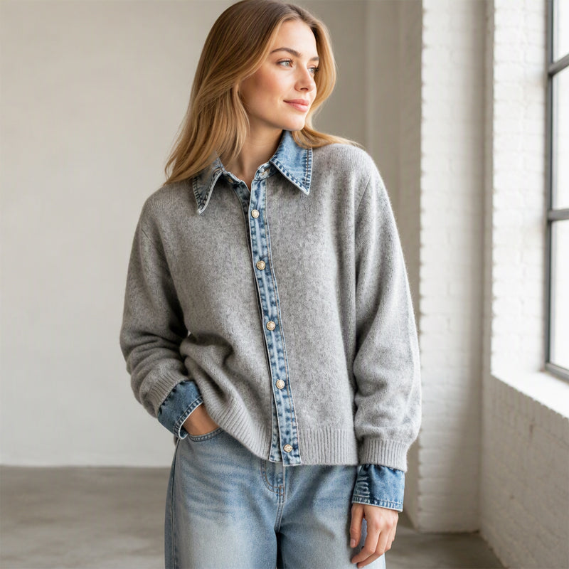 Damstickad tröja i falsk 2-delad design med denimgrage-7