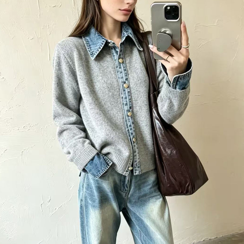 Damstickad tröja i falsk 2-delad design med denimgrage-9