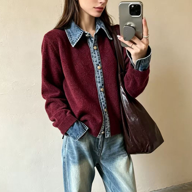 Damstickad tröja i falsk 2-delad design med denimgrage-10