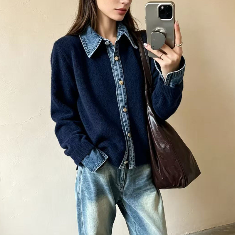 Damstickad tröja i falsk 2-delad design med denimgrage-11