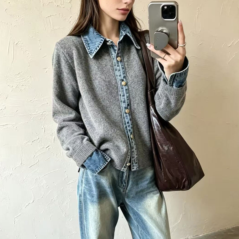 Damstickad tröja i falsk 2-delad design med denimgrage-12