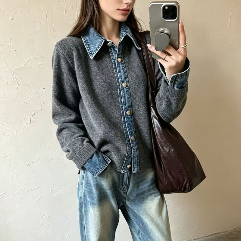 Damstickad tröja i falsk 2-delad design med denimgrage-13