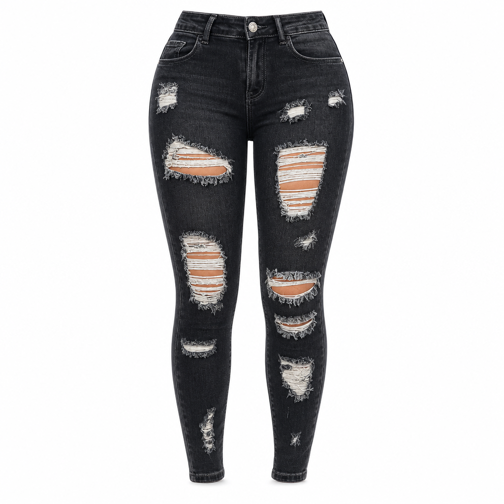 Kvinnors slitna skinny jeans med hög midja, distressed jeans med stretch-8
