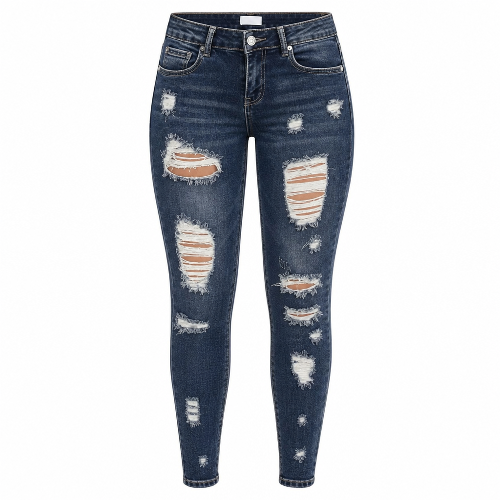 Kvinnors slitna skinny jeans med hög midja, distressed jeans med stretch-9