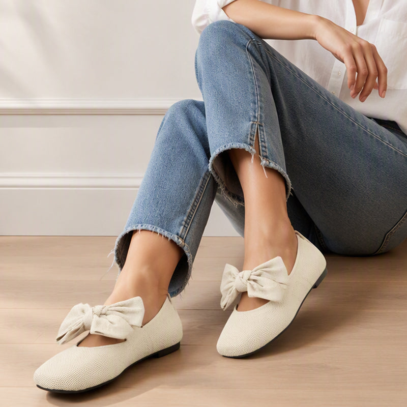 🌸 Ny kollektion – Platta damskor med fyrkantig tå 👠 Stickat tyg, elegant rosett och bekväm att ha på sig varje dag ✨-7
