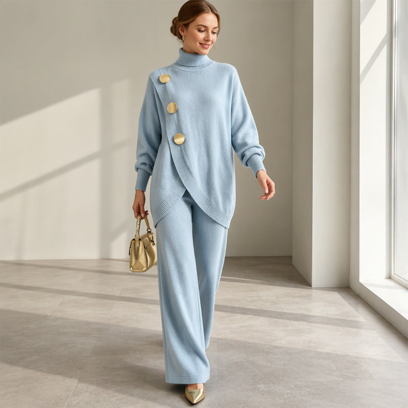 🛍️ Specialerbjudande ✨ Elegant set med damtröja med hög hals och byxor med vida ben – bekväm passform och elegant look-7