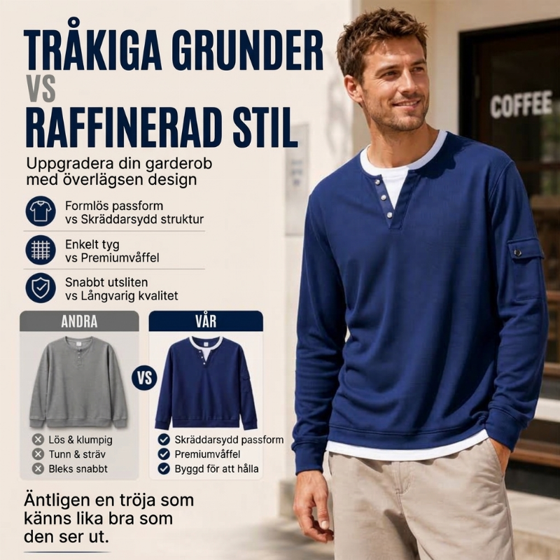 Herrars pikétröja i waffelstickad med falsk tvådelad design-1