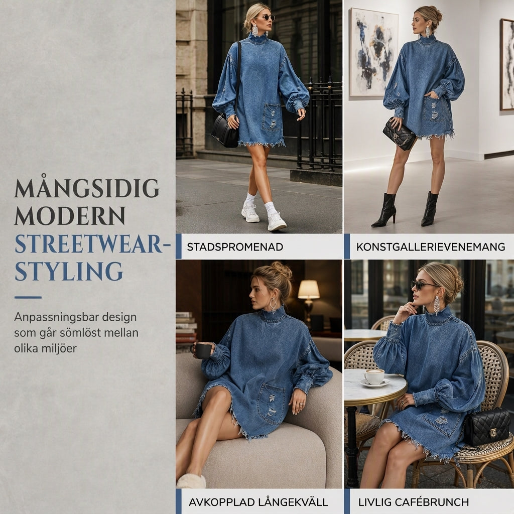 ✨ Ny höststil 💙 Oversized miniklänning i denim för damer med krage – bekväm passform, trendig och avslappnad chic-6