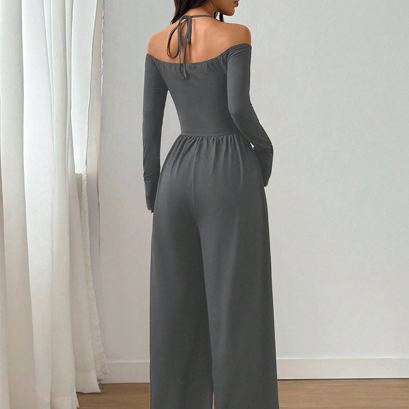 Elegant djup V-ringad jumpsuit med halterneck för kvinnor-2