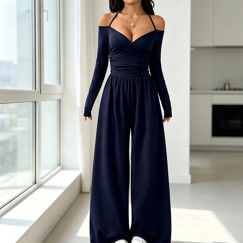 Elegant djup V-ringad jumpsuit med halterneck för kvinnor-3