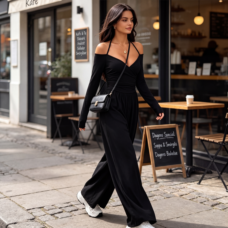 Elegant djup V-ringad jumpsuit med halterneck för kvinnor-4