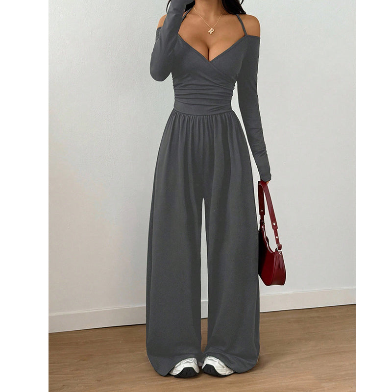 Elegant djup V-ringad jumpsuit med halterneck för kvinnor-8
