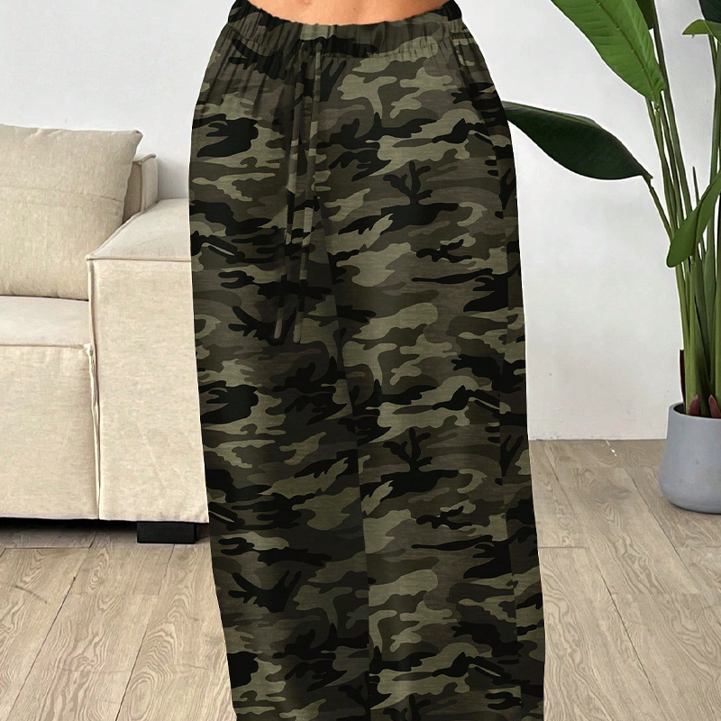 Damernas baggy kamouflagebyxor med dragsko i midjan-4