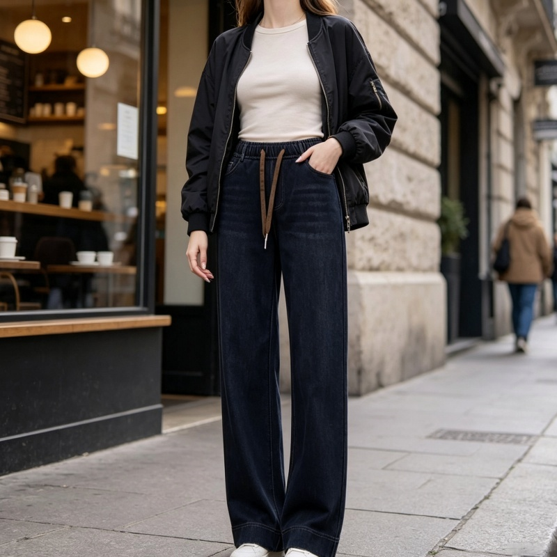 Dammiga jeans för kvinnor med dragsko och vida ben-8