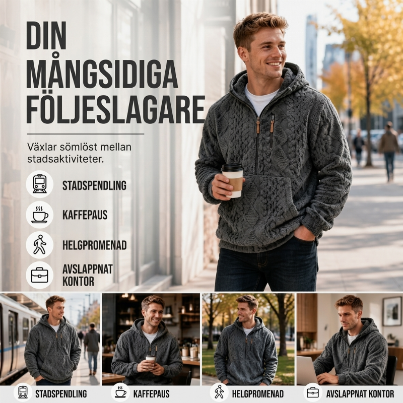 Herrfodrad sherpajacka med halv dragkedja och huva, texturerad design-4