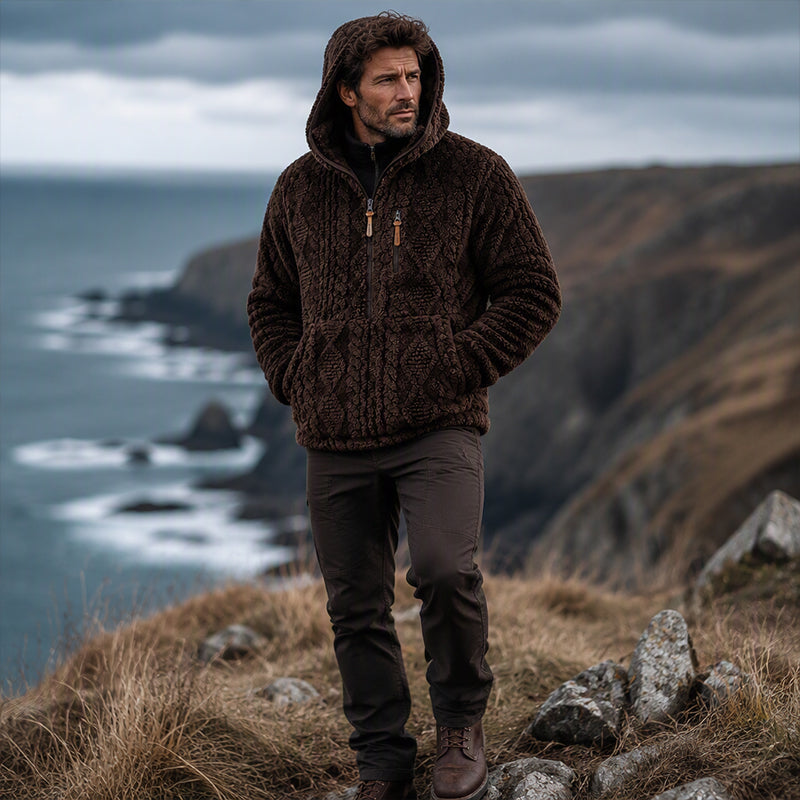 Herrfodrad sherpajacka med halv dragkedja och huva, texturerad design-8