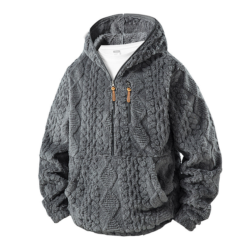 Herrfodrad sherpajacka med halv dragkedja och huva, texturerad design-12