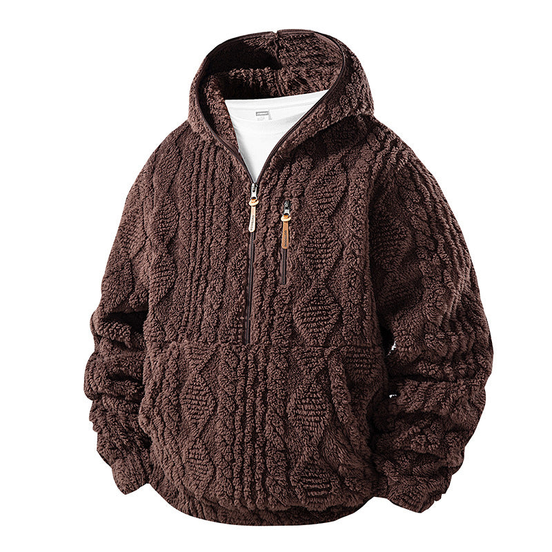 Herrfodrad sherpajacka med halv dragkedja och huva, texturerad design-11