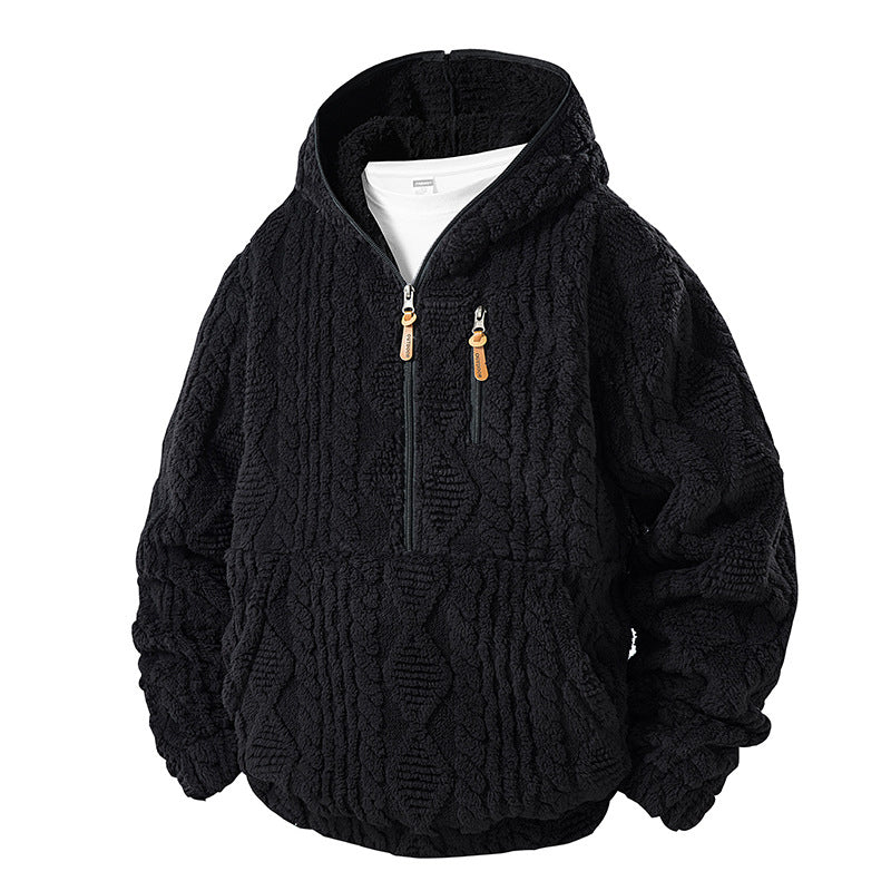 Herrfodrad sherpajacka med halv dragkedja och huva, texturerad design-9