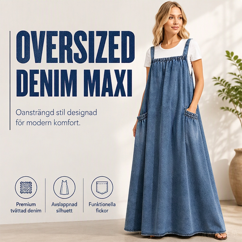 Damens oversize-kostymkjol i denim med hängslen, maxilängd, ledig stil-1