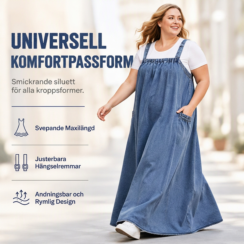 Damens oversize-kostymkjol i denim med hängslen, maxilängd, ledig stil-3