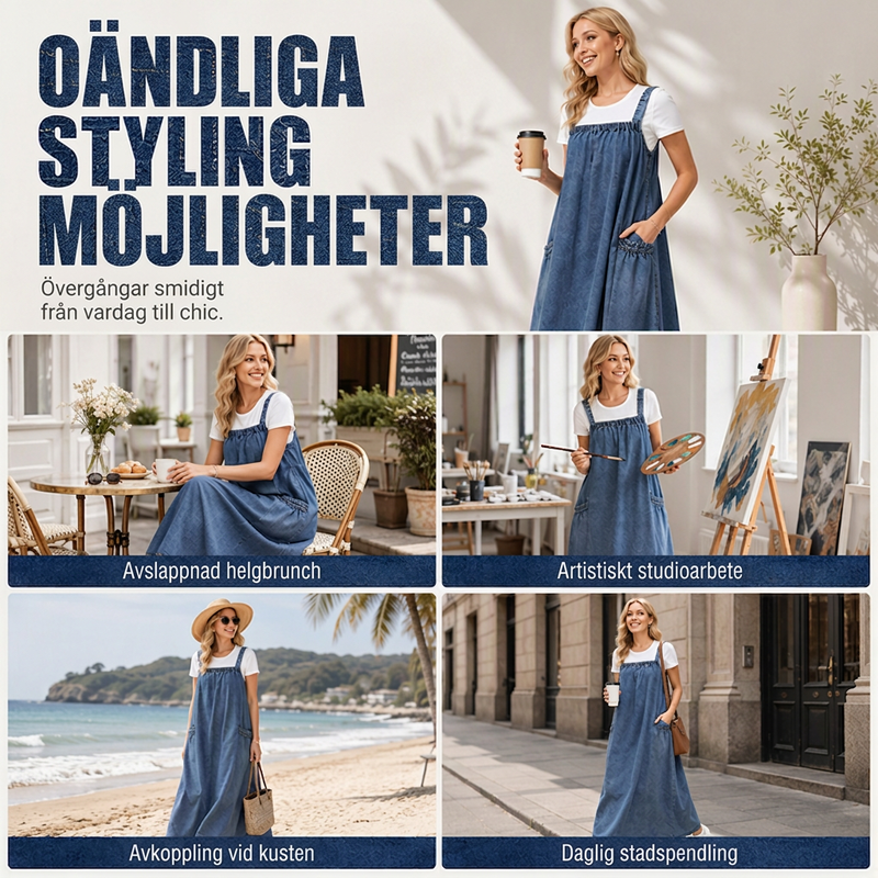 Damens oversize-kostymkjol i denim med hängslen, maxilängd, ledig stil-7