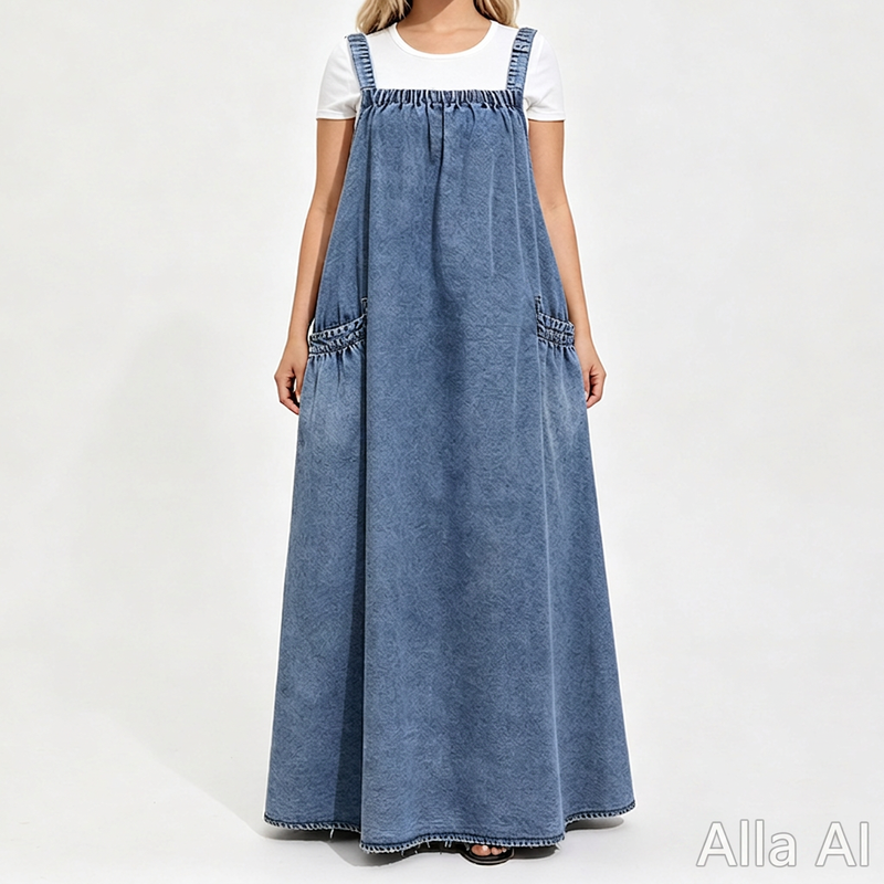 Damens oversize-kostymkjol i denim med hängslen, maxilängd, ledig stil-9