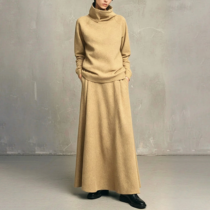 ✨ Elegant stickad look 🤎 Set med damtröja med krage och maxikjol – bekvämt, feminint och tidlöst-13