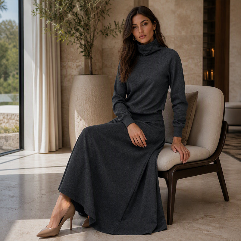✨ Elegant stickad look 🤎 Set med damtröja med krage och maxikjol – bekvämt, feminint och tidlöst-6