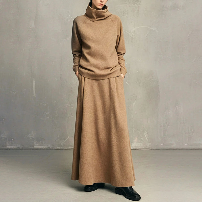 ✨ Elegant stickad look 🤎 Set med damtröja med krage och maxikjol – bekvämt, feminint och tidlöst-14