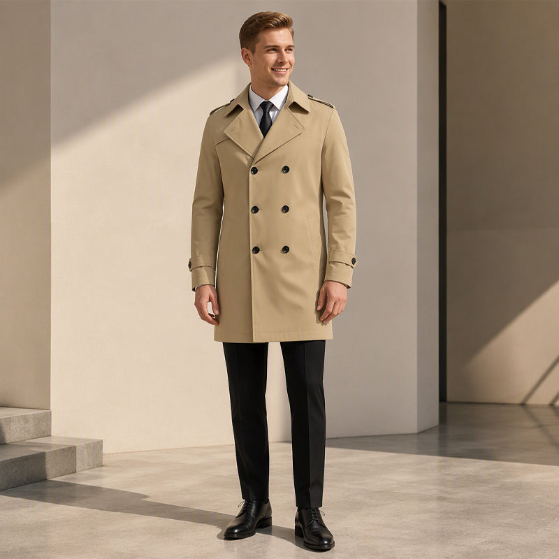 Klassisk dubbelknäppt trenchcoat för män-6