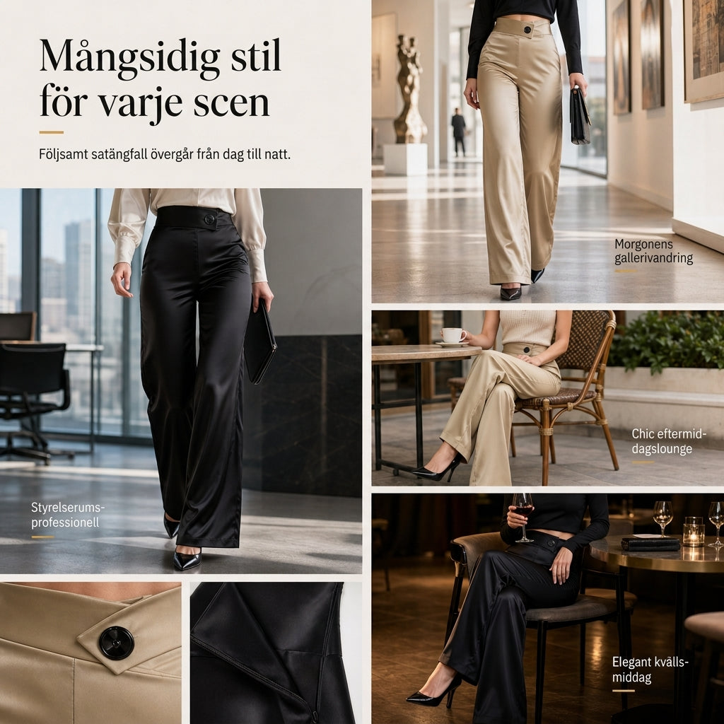 📢🎉50 % rabatt!!!🛍️✨Eleganta, högt skurna, vida satinbyxor med asymmetrisk midja-6
