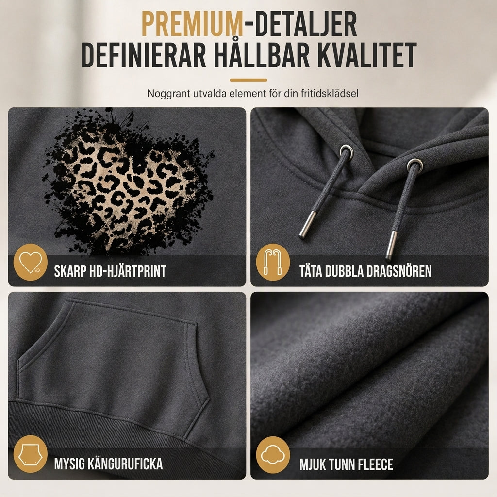 Kvinnlig ledig fleecehoodie med leopardhjärttryck och känguruficka-4