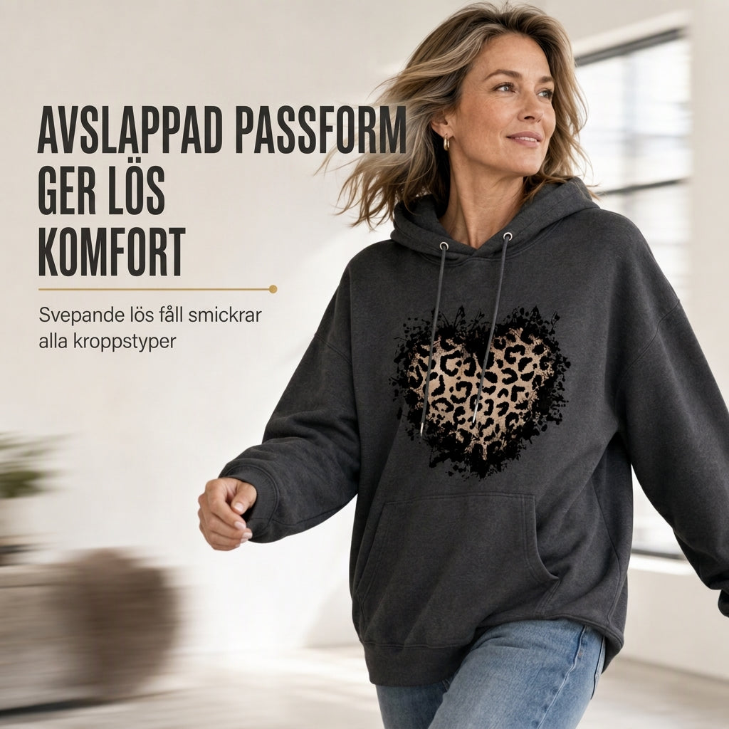 Kvinnlig ledig fleecehoodie med leopardhjärttryck och känguruficka-5