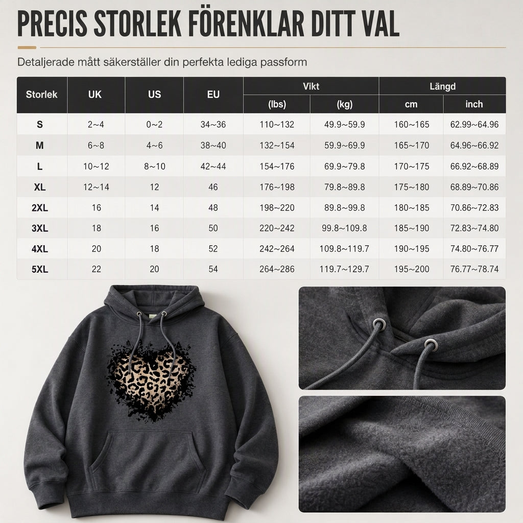 Kvinnlig ledig fleecehoodie med leopardhjärttryck och känguruficka-7