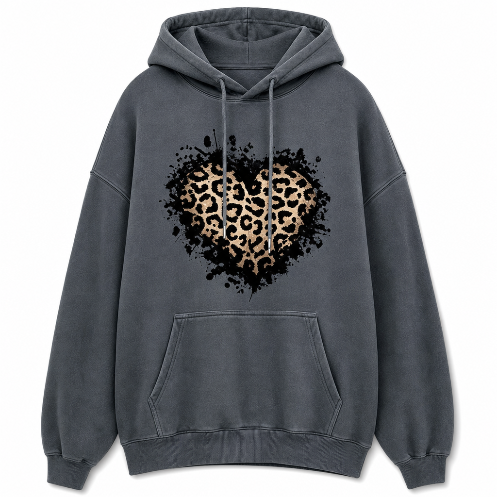 Kvinnlig ledig fleecehoodie med leopardhjärttryck och känguruficka-8
