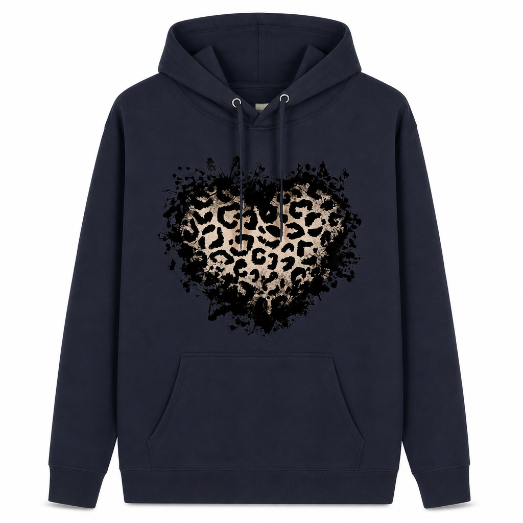 Kvinnlig ledig fleecehoodie med leopardhjärttryck och känguruficka-9