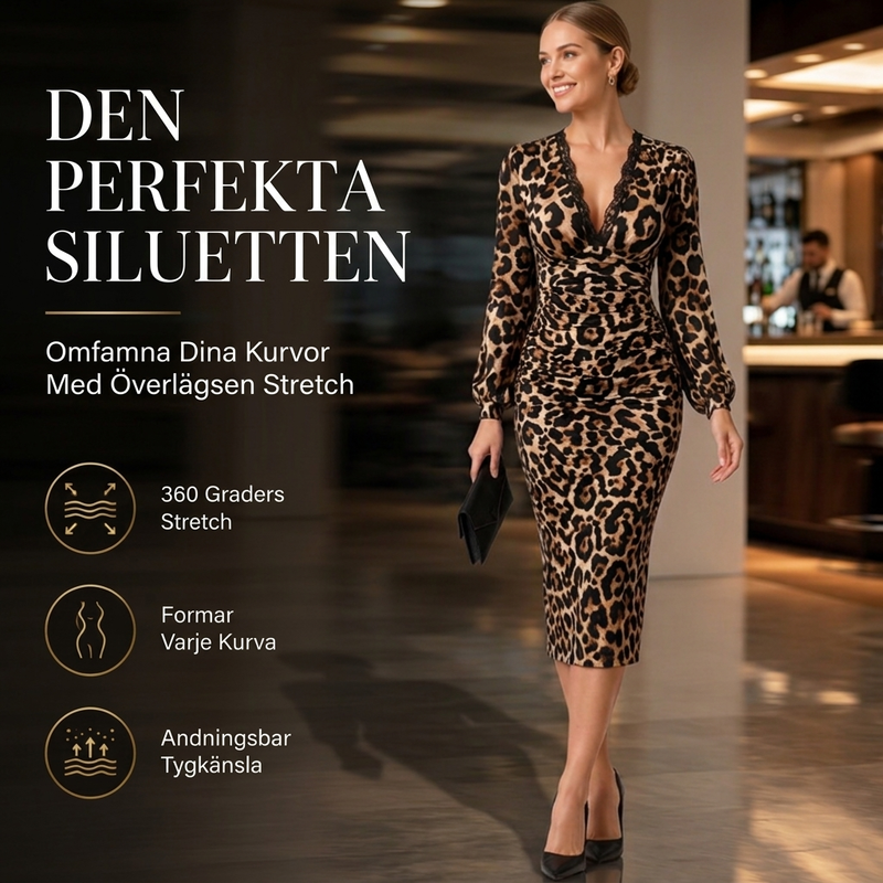 🔥50 % rabatt! 💃 Halvlång leopardmönstrad klänning med V-ringning i spets och lanternärmar – Elegant, smickrande och djärv 🐾-4