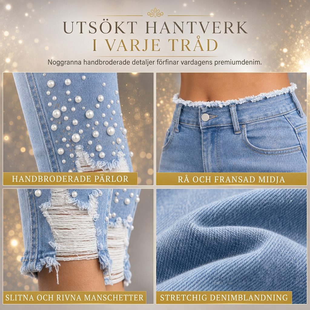 Ljusblå smala skinnyjeans för kvinnor med pärlbesättning, oförarbetad och nött midja samt slitage och riffiga fotutsvängar-4