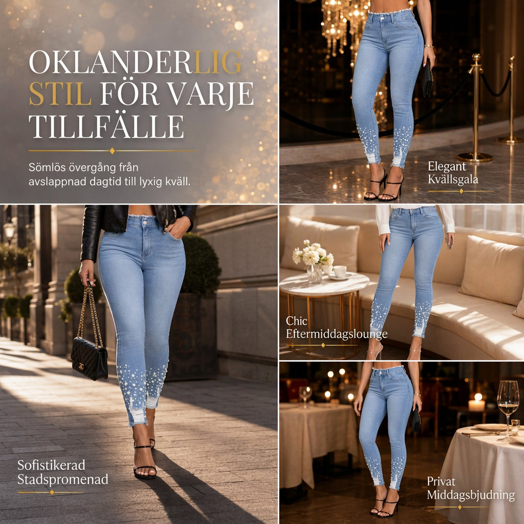 Ljusblå smala skinnyjeans för kvinnor med pärlbesättning, oförarbetad och nött midja samt slitage och riffiga fotutsvängar-6