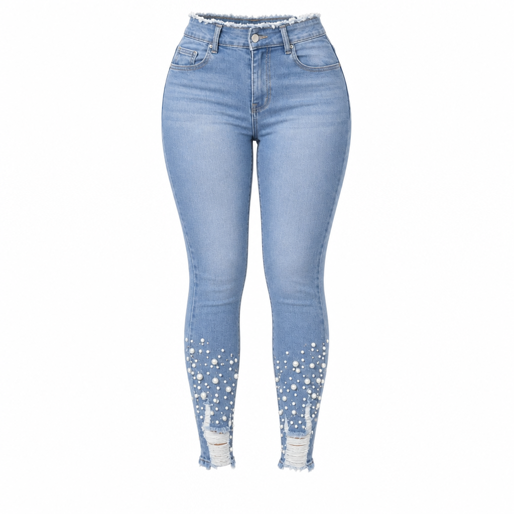 Ljusblå smala skinnyjeans för kvinnor med pärlbesättning, oförarbetad och nött midja samt slitage och riffiga fotutsvängar-8