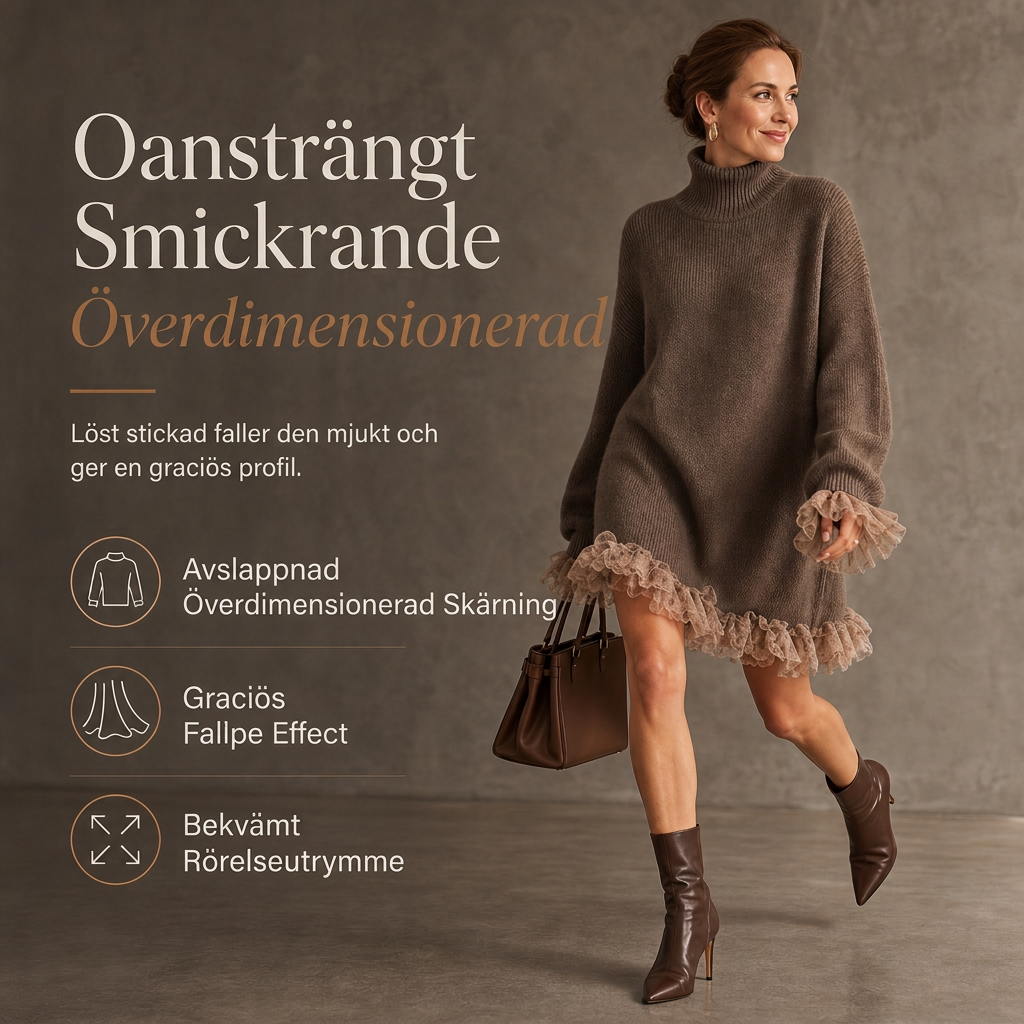 Överdimensionerad höghalsad stickad klänning med volangkant i tyll-5