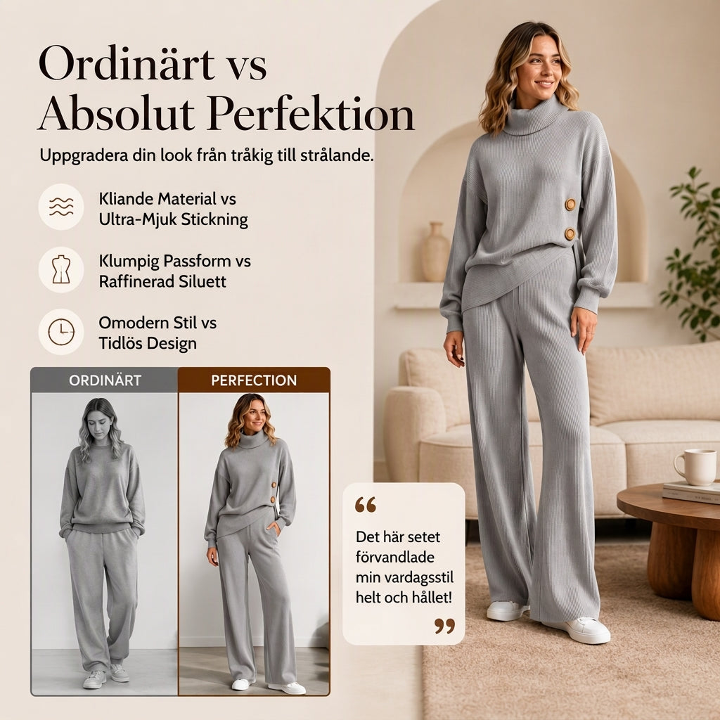 Damset i stickad modell: Turtleneck-tröja + byxdress med breda ben-2