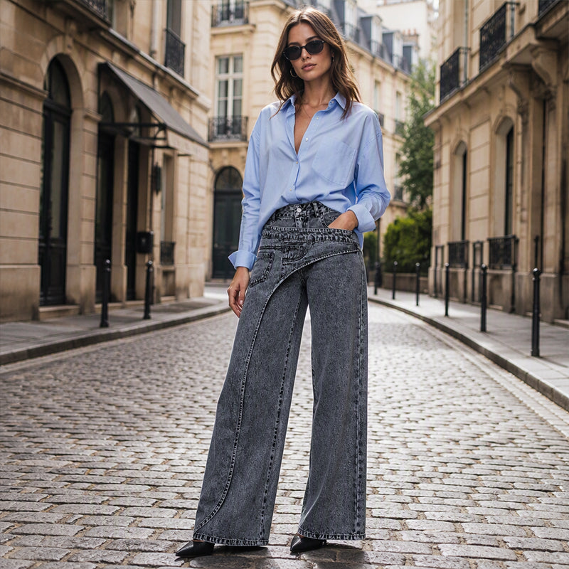 Damhoodiga trendsatta jeans med asymmetrisk överlappning och vid ben-6