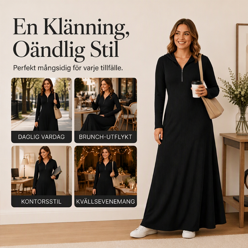 Lång huvklänning i ribbstickat för kvinnor-3