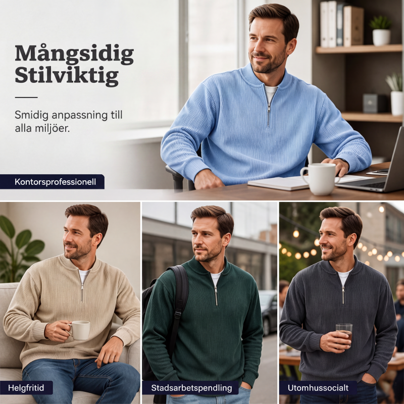 Herrers manchestertröja med kvartsdragkedja, ledig tröja med ståndkrage och långa ärmar-4