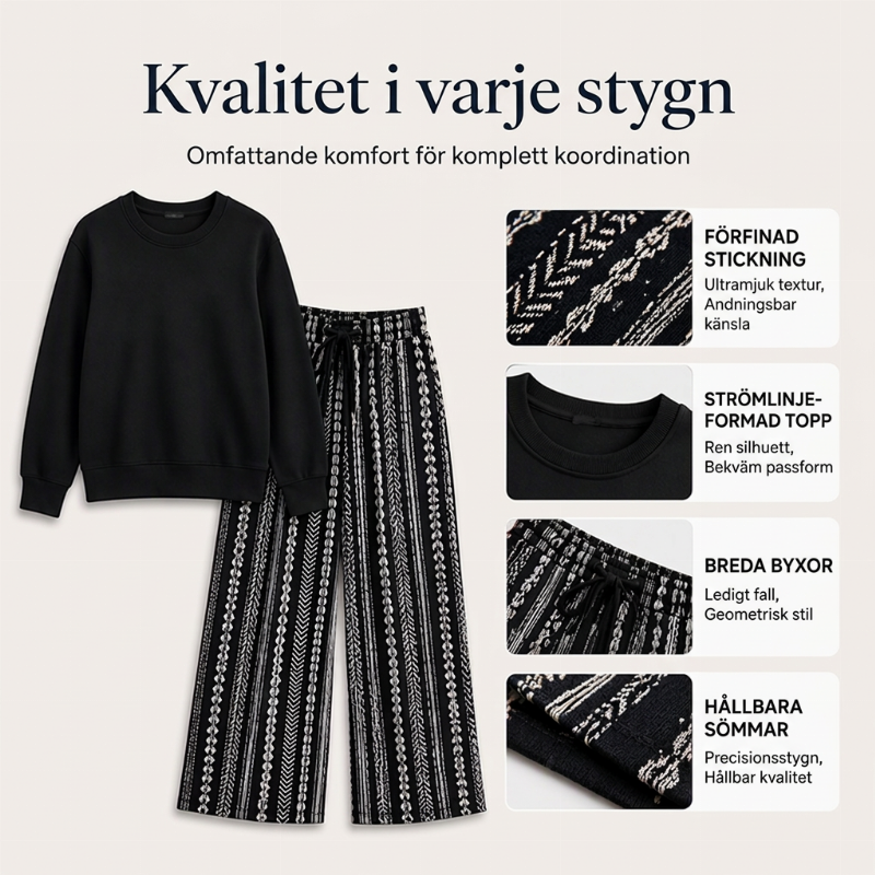 Damsätt i vardagsstil med crewneck-topp och mönstrade byxor-1